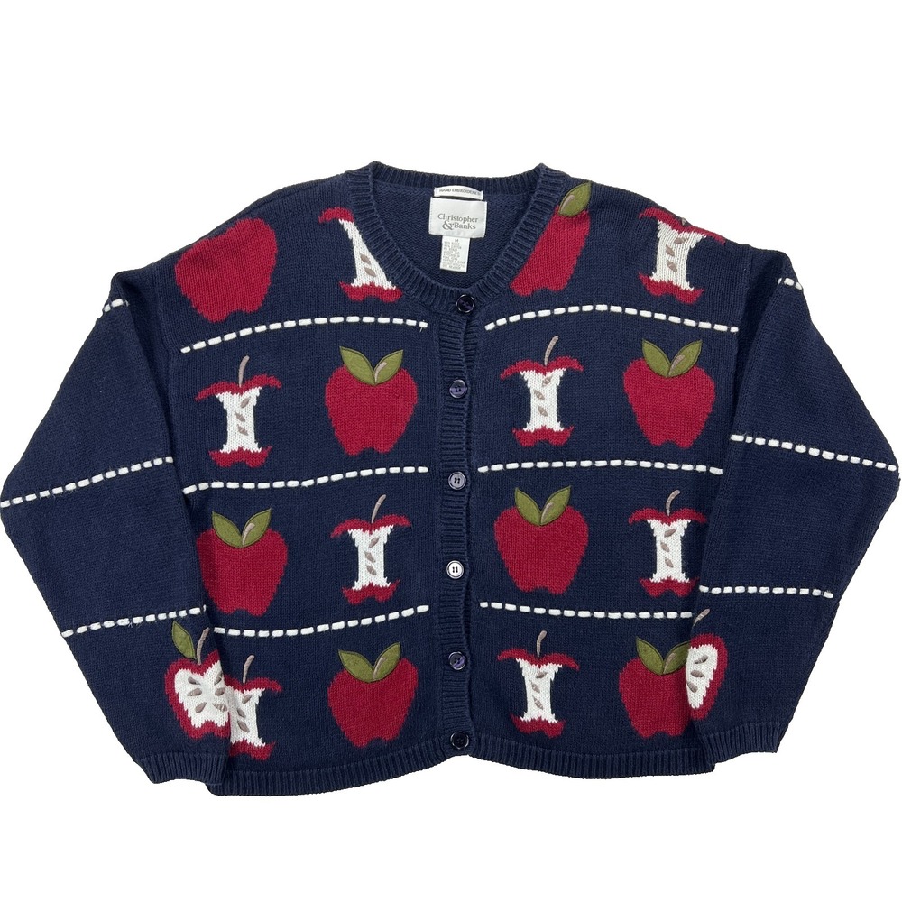 Vtg Christopher & Banks Apple Cardigan Sweater Womens Medium Navy Knit Teacher